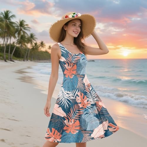 Image of Women's Casual Loose Sundress Midi Sleeveless Crewneck Dress Summer Beach Tank Dress with Pockets