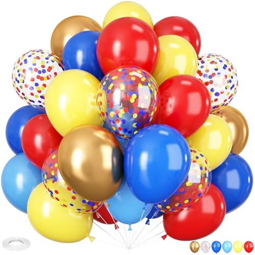 Image of HILAVO Carnival Circus Balloon Kit, 60PCS 12 Inches Red Yellow Blue Balloons Carnival Helium Balloons with Confetti Latex Balloon for Kids Boys Baby Shower Birthday Party Decoration Supplies