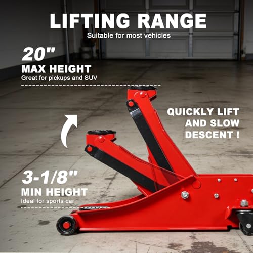 Image of Jack Boss 3 Ton Floor Jack, 6600LBS Capacity Hydraulic Car Jack, Low Profile Portable Jack with Dual Pumps, Quickly Lift Steel Service Jack, Lifting Range 3-1 /8 inch Min to 20 inch Max Red
