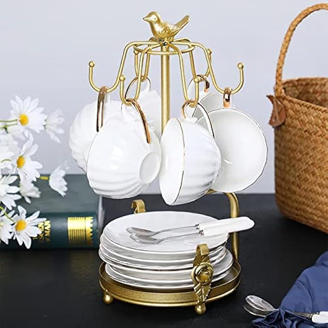 Coffee Mug Tree Holder Countertop,Tea Cup Mug Holders with Small Storage Area for Counter, Metal Coffee TeaCups Stand Storage Rack Holder for Counter Top 6 Hooks(Gold)