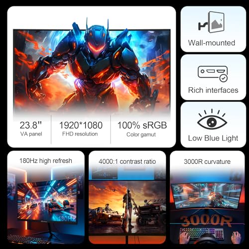 Image of 23.8 Inch Curved Gaming Monitor, 180Hz,1ms FHD1080P, 100% sRGB, Support Freesync, Frameless,4000:1 Contrast Eye Care, HDMI DP Ports, VESA Mountable, Ideal for Gaming, Work (G25F180)