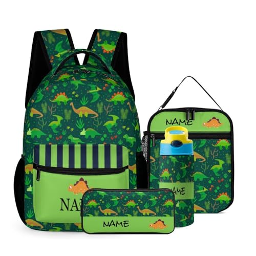 Custom Green Cute Dinosaur Backpacks 4 Piece Set Personalized Add Name Backpack with Lunch Bag Pencil Bag Kids Water Bottle Customization School Book Bags for Boys Girls