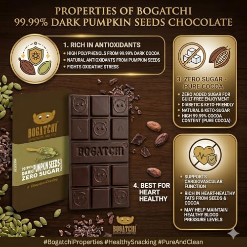 Image of BOGATCHI 99% Dark Chocolate| Pumpkin Seeds | Real Cocoa Intense Dark Chocolate, 60 gm