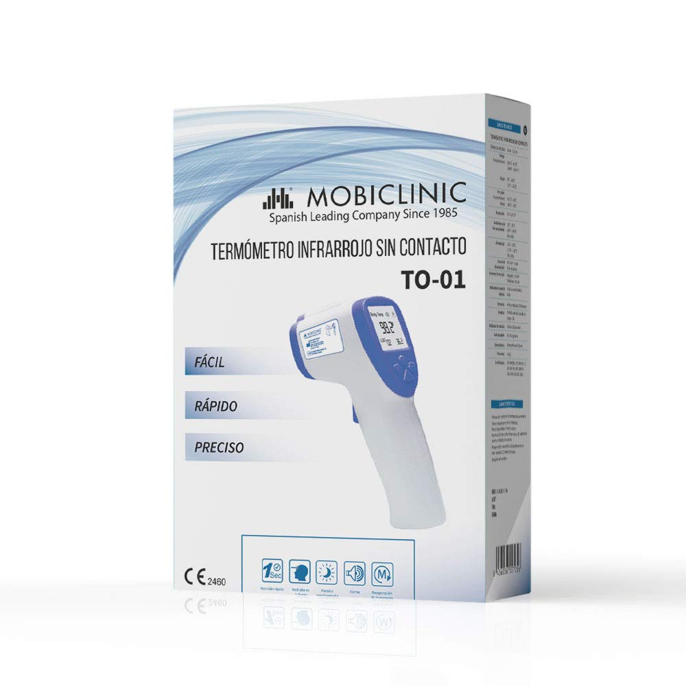 Mobiclinic, Termómetro digital infrarrojos sin contacto to-01, De frente, Marca española, Para adultos, Marcado ce, Pantalla lcd, Alarma fiebre, Función memoria