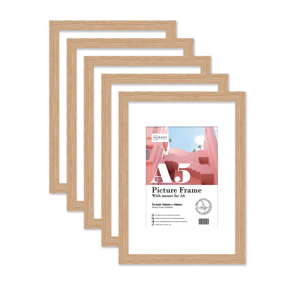 Almost Frameless A5 Oak Picture Frame Set of 5, Display A6 Pictures with Mount or A5 Without Mount Gallery Wall, Poster, Photo, Artwork, or Print, Oak