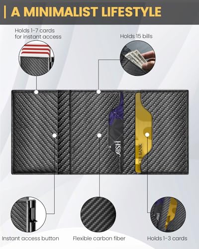 Wallet for Men with RFID Blocking, Minimalist Smart Credit Card Holder with Pop-Up Mechanism, Holds 12-14 Cards, Slim Wallet Includes Coin Pocket & Cash Slot, Gift for Men, Carbon Fiber Black4