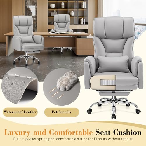 Image of FelixKing Big and Tall Office Chair, 400LBS Wide Leather Executive Chair, Reversible Armrest for Pets Criss Cross Legged, 135 Reclining High Back Gaming Desk Chair with Lumbar Support Footrest, Gray