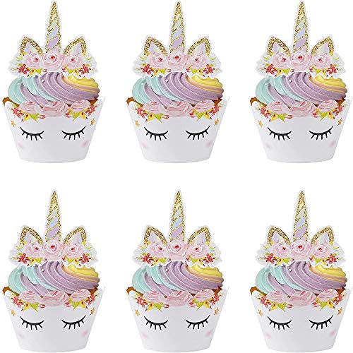 Nv Wang Cupcake Topper Wrapper,Unicorn Cupcake Toppers 24 Pack Cupcake Wraps Liner Baking Cup Party Supplies Cake Decorations para Niños Niñas Regalo Unicornio Decoraciones de Fiesta de Cumpleaños