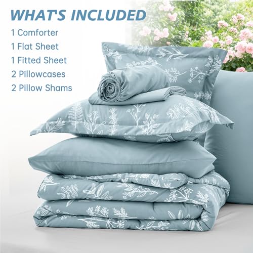 Image of MUXHOMO Oversized King Comforter Set, Mineral Blue Elegant Floral Print Bed in a Bag 7 Pieces, Soft & Breathable Reversible Botanical Pattern Bedding Set with Comforter, Sheets, Pillowcases, and Shams