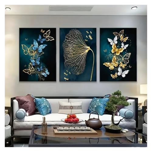 Tableau Déco Nature triptyque bleu doré avec feuille et papillon - 4