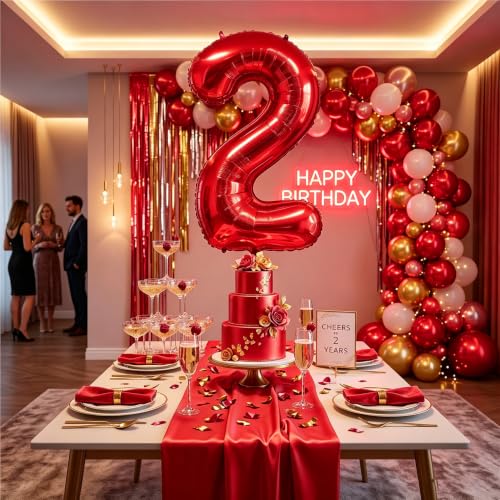 Image of Number Balloons Red Party Balloon - 40 Inch Large Number 2 Balloon, Numbers Balloon Birthday Decorations, Red Party Supplies for Anniversary