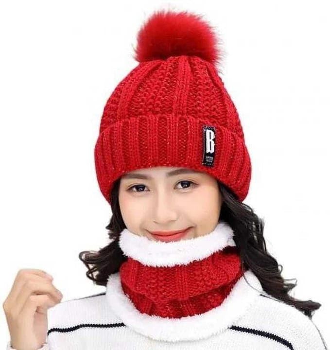 MRSKP Winter Woolen Beanie Cap with Fur Pom Pom and Neck Warmer Set for Women, Red Cable Knit Thermal Hat and Scarf Combo, Soft Warm Fleece Lined |...