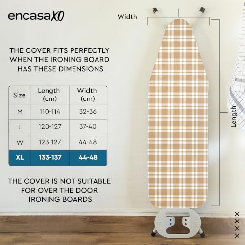 Image of Encasa XO Ironing Board Covers and Pad - 135x45 cm Fits X-Large Iron Boards, Thick 4mm Felt, Elasticated Fit, Heat & Scorch-Resistant, Elastic Bungee Cord Tightening & Lock Franca Beige Checks