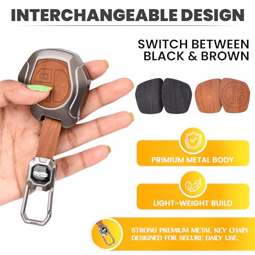 Image of Car Key Cover for Maruti Suzuki S-Presso,Swift,SX4,DZire,Ignis,Alto,Vitara Brezza,Celerio,Ertiga,Ciaz,SCross,Baleno,Ritz 2-Button Key (2 in 1 Dual Leather Metal (Black & Brown))