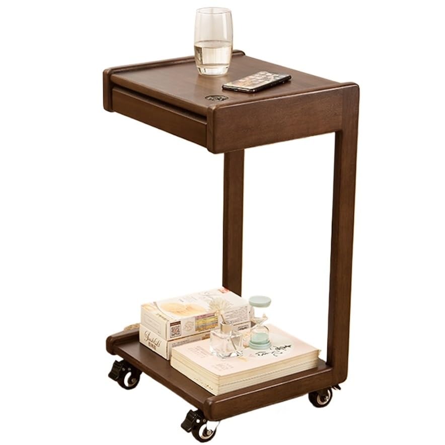 RENEESME Sofa Solid Wood Movable Table with Wheels Computer Table Sofa Side Cabinet Small Coffee Table Living Room Home Square Corner Tea Table Sofas for Living Room