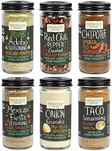 Mexican Spice Set (6 Pack) Bundle with Frontier Co-Op Bottled Spice Mix (Red Chili Pepper Crushed, Mexican Fiesta, Taco Seasoning, Onion White Granules, Chipotle Ground, Adobo Seasoning)