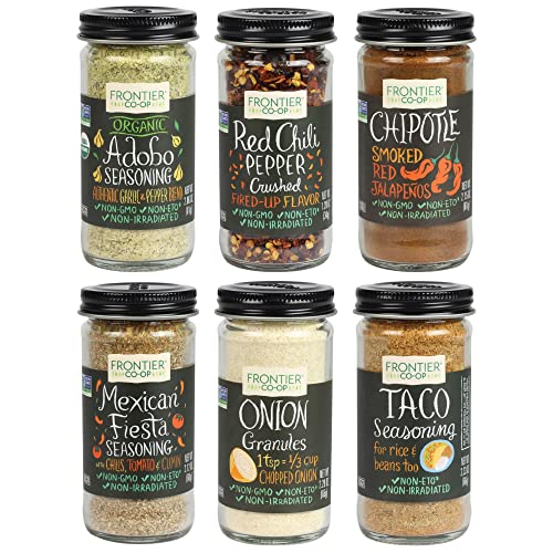 Mexican Spice Set (6 Pack) Bundle With Frontier Co-Op Bottled Spice Mix (Red Chili Pepper Crushed, Mexican Fiesta, Taco Seasoning, Onion White Granules, Chipotle Ground, Adobo Seasoning) #TOP3