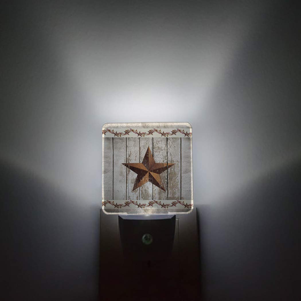 Night Light Plug in LED Lamp Automatic Sensor Night Lights Plug into Wall Western Texas Star Rustic Wood Farm Pattern Bedroom Hallway Bright Decor Square Dim Night-Lights for Kids Children Girl Adult