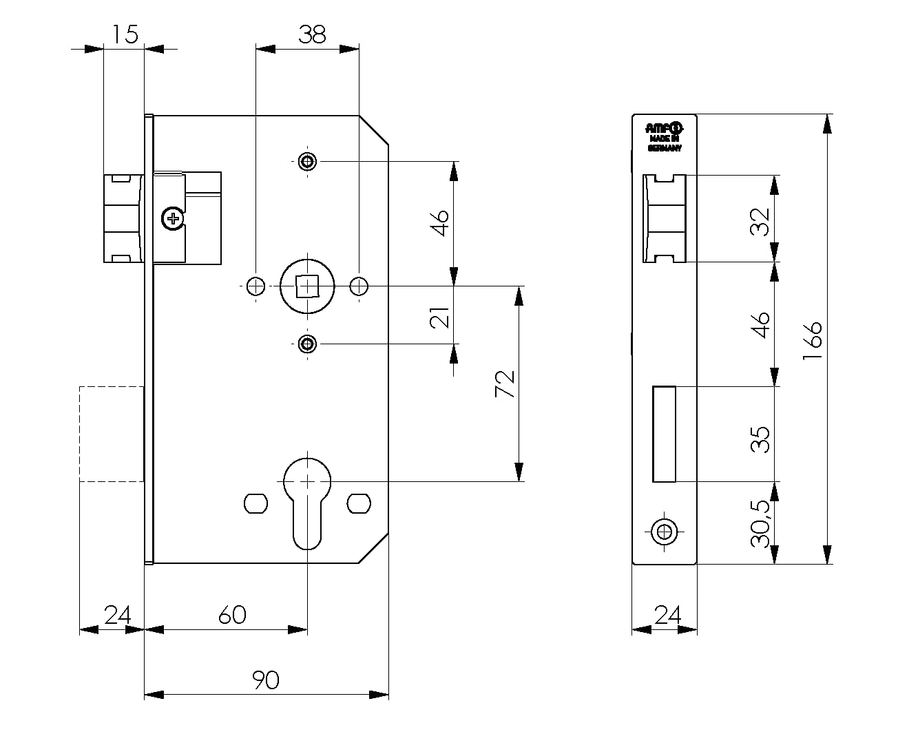 AMF Ersatzschloss 140U (für Schlosskasten 30mm, Dornmaß 60mm, verzinkter Stahl-Einsteckschloss, umdrehbarer Fallenkopf, 3mm vorstehend, vorgerichtet für Profilzylinder) 567275
