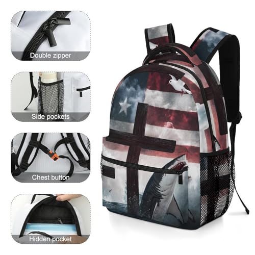 Shark Doves U.S.A. Flag Funny Backpack Casual Daypack Lightweight Shoulders Bag for Men Women Cute Print4