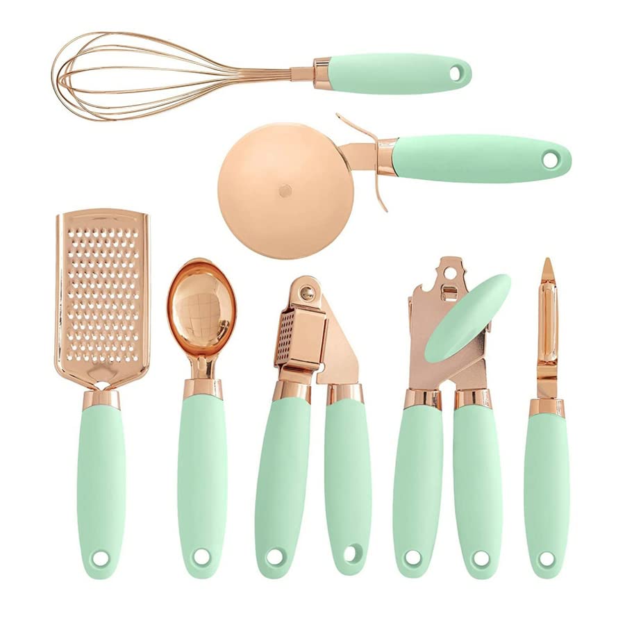 7PCS/Set Kitchen Gadget Set Stainless Steel Utensils Ice Cream Scoop Peeler Garlic Press Cheese Grater Whisk (Green)