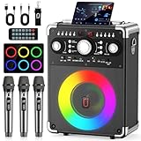 HWWR Karaoke Machine with 3 Microphones, PA System Bluetooth Speaker with Echo Adjustment for Adults, Portable Machine Support TWS, USB, TF Card, Guitar, TV Connected for Home/Outdoor Party, Events