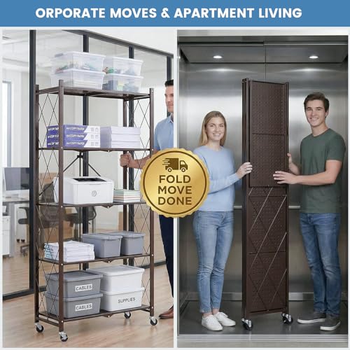 Image of ALANNG 70.7 inch H Metal Storage Shelves, 5 Tier Folding Shelf on Wheels | Heavy Duty, No Assembly, Rolling, Collapsible Rack Unit for Kitchen, Basement, Pantry (Vintage Brown,3 Pack)