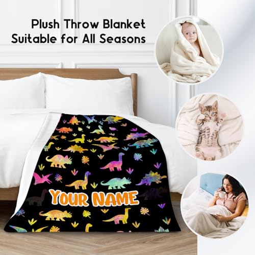 Custom Dinosaur Blanket with Name - 50x60 Inches Cute Throw for Boys - Black Soft Fuzzy Blankets for Couch & Office