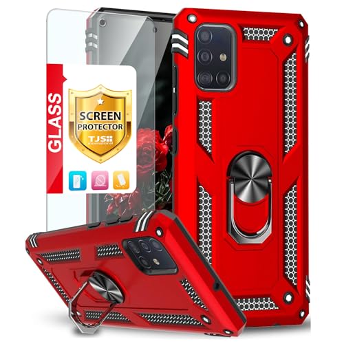 TJS Compatible with Samsung Galaxy A51 5G Case (Not Fit Galaxy A51 4G), with Tempered Glass Screen Protector Metal Ring Magnetic Support Kickstand Heavy Duty Drop Protector Phone Case (Red)