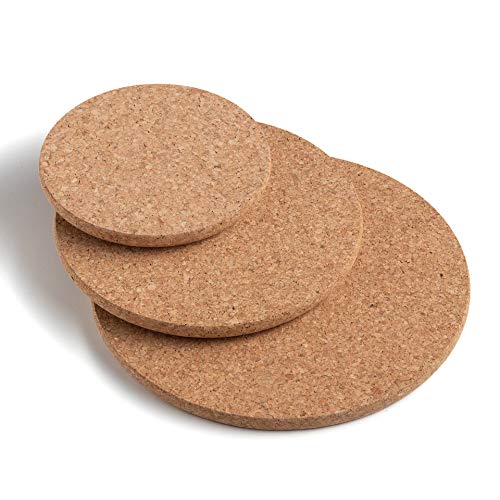 Juego de 3 salvamanteles redondos de corcho para cocina, almohadillas de calor caliente, corcho portugués de calidad 100% natural, tamaños 22/18/14 cm