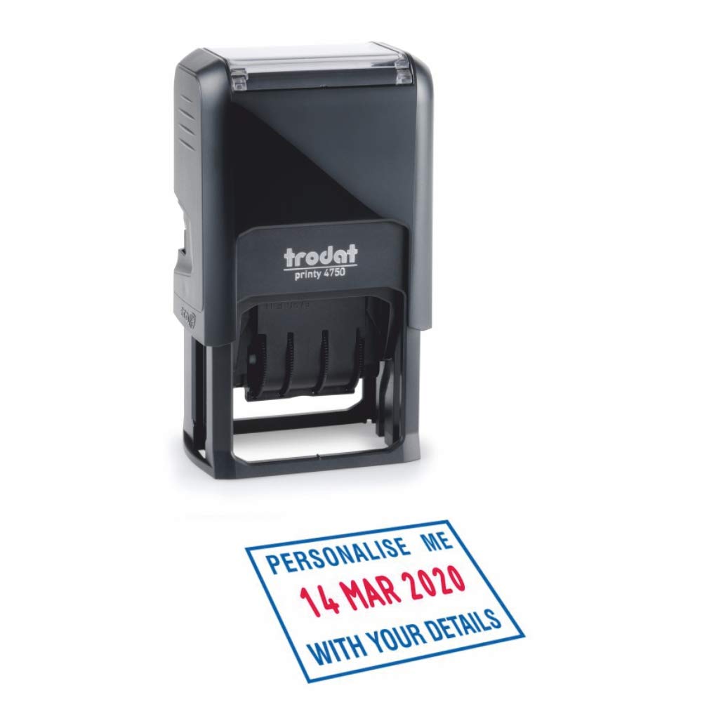 Trodat Printy 4750 Custom Date Stamp, Self Inking, 41 x 24 mm Impression with 1 Above and 1 Below Text Line, 4 mm Date, Red and Blue Ink Pad Included