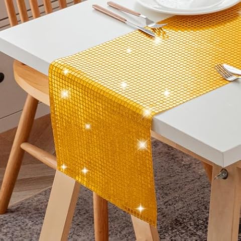 6 Packs 13 x 72 Inches Disco Party Table Runner Mirror Gold Foil Table Runners Glitter Metallic for Outdoor Home Party Table Decor, Gold Cover