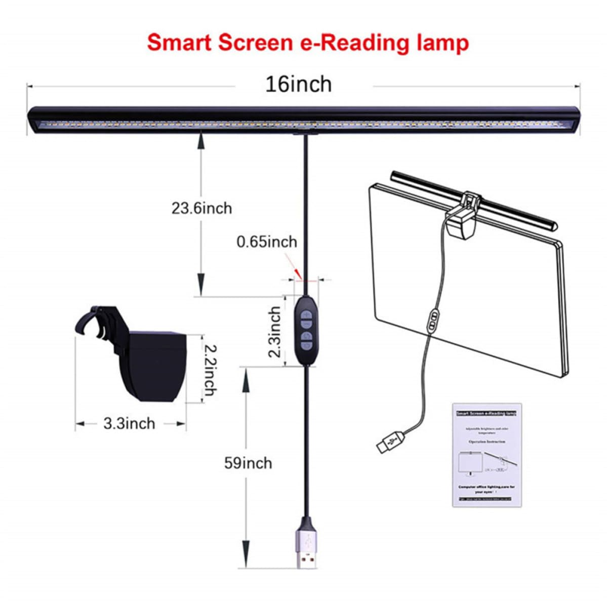 Lámpara de Monitor USB Clip Ajustable y Luz Asimétrica para Estudio y Lectura en Casa, Material Abs y Aluminio, Protección Ocular