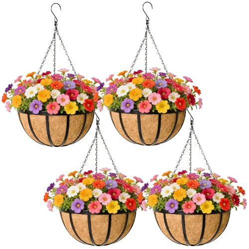 Black Flat Iron Metal Hanging Planter Basket with Coco Coir