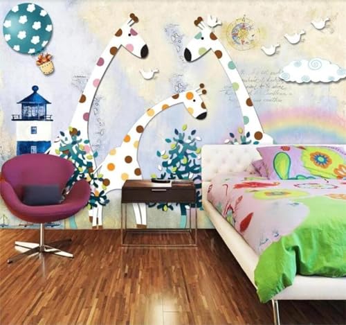 Tzxztt Dibujos Animados Faro Pájaro Volador Jirafa Globo Aerostático Papel Pintado 3D Seda Texturizada Primera Calidad Neutros Material Ideal Para SalóN Dormitorio-430cm×300cm