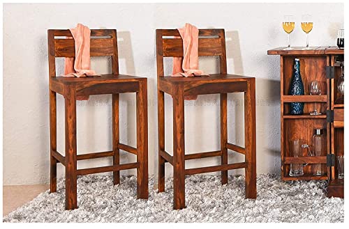 Image of Solid Wood Bar Chairs | Long Bar Chair for Kitchen | Set of 2, Sheesham Wood, Natural Finish