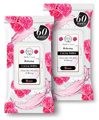 Herb & Luxe Face Wipes, Flip-Top Makeup Remover Facial Cleansing Wipes with Aloe Vera for Sensitive, Oily, dry Skin, Face/Hands/Body, Women/Men, 60 Count, Rose (Pack of 2 = 120 Wipes)