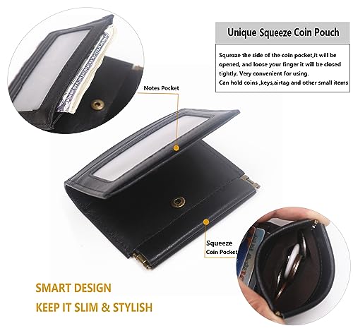 Leather Wallet for Men, Short Bifold Slim Men's Wallet with Squeeze Coin Pocket Card Holder ID Window, Top Grain Leather Mens Wallet with Gift Box (Black)3