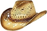 Men's & Women's Western Style Cowboy/Cowgirl Toyo Straw Hat (Tea Stain-Brown/Beads)