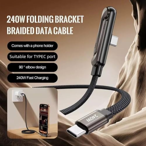 Image of 240W USB Type C to Type C Fast Charging Cable with Foldable Phone Stand, 90 Degree Elbow Nylon Braided Data Cable, 480 Mbps USB C Charger Cord for Gaming, Tablets, Smartphones and Laptops
