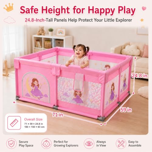 Image of Dawnwake Large Playpen 150 x 180 cm for Toddlers & Kids up to 5 Years with Pit Balls and Anti-Fall Grasp Rings, Playard with Safety Lock & Suction Cup (No Mat, Non-Foldable) (150x180cm Pink)
