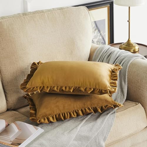 Image of Amazon Brand - Umi Velvet Brown 12x20 Pillow Covers, Set of 2 Decorative Ruffle Cushoin Pillow Covers for Sofa Couch