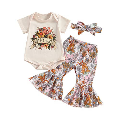 Engofs Newborn Baby Girl Clothes Short Sleeve Letter Print Romper Floral Bell Bottoms Outfit Headband 3Pcs Infant Boho Summer Outfits Apricot 12-18 Months #TOP9