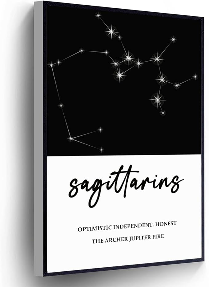 Sagittarius Zodiac Signs Canvas Astrology Poster Minimalist Black And White Print Wall Art For Living Room Bedroom Home Office Wall Decor(Stretched And Wood Framed 12 X 16)