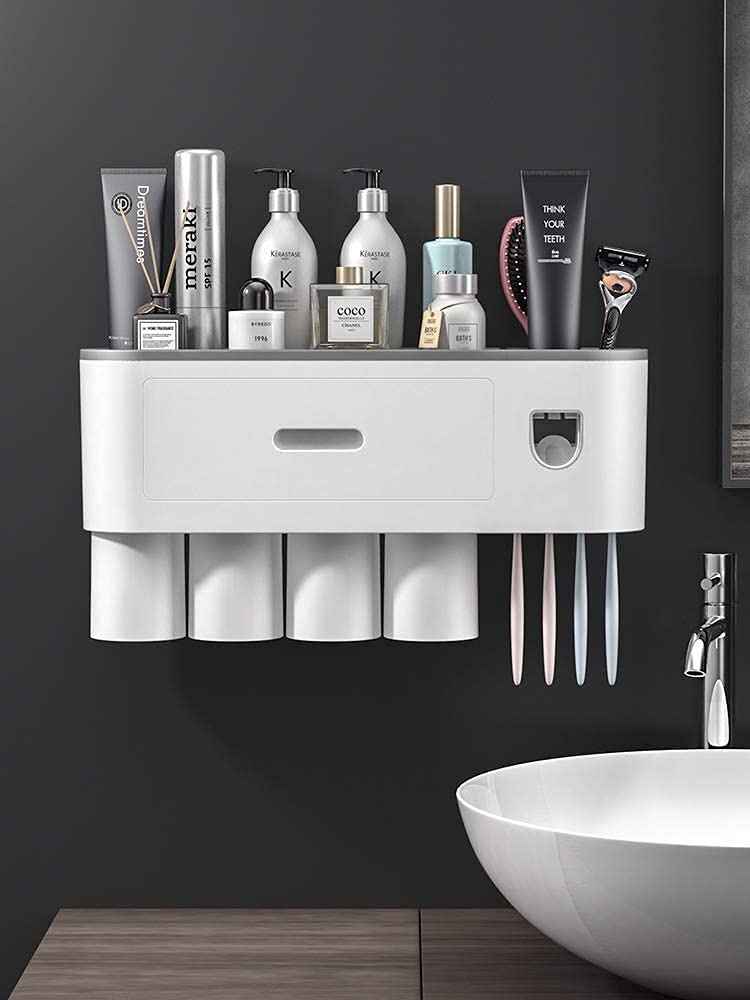 tgopit Toothbrush Holder Wall Mounted, Automatic Toothpaste Dispenser Squeezer Kit with Holders for Bathroom-Shelf Magnetic Cups Toothpaste Holder Drawer Organizer Space Saver Easy to Clean (4 - Cup) (B09N1KF4JG) Amazon Price History, Amazon Price Tracker