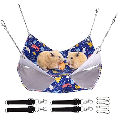 Small Animal Hammock, Pet Napping Bed Bunkbed Swinging Bed for Ferret Hamster Rat Guinea-Pig Mice Chinchilla Flying Squirrel Cage Swinging Bed Hideout (Blue) Cover