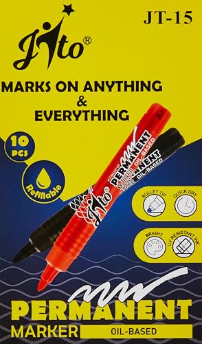 Image of JITO JT-15 Permanent Marker, Refillable, Bullet Tip 2.5 mm Line Width, Anti-Scrub Writing, Non Toxic Xylene Free 10 Units Per Pack, Ink Colour - Blue