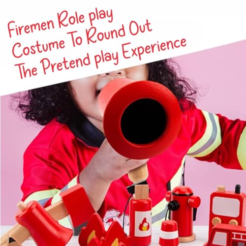 Image of WUDLY Wooden Fire Fighter Pretend Play Set, Educational Kids Toy with Fire Truck, Hydrant, Walkie Talkie, 14 Pieces, Red