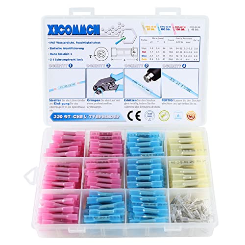 Xicommcn 330Stk. Stoßverbinder mit Schrumpfschlauch, 4 Größen Quetschverbinder Set Kabelverbinder Wasserdicht Isoliert Elektrische Schrumpfverbinder Wärme-Schrumpfende Stossverbinder Cover