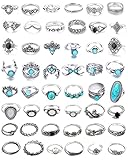 JELIEE 48 Pcs Vintage Turquoise Rings Set - Silver Knuckle, Western, Boho Oval Gemstone Midi Stacking Rings for Women